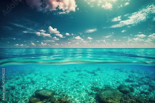 Tranquil relaxing blue sunny sky ocean lagoon. Dream nature beautiful seascape , art illustration 