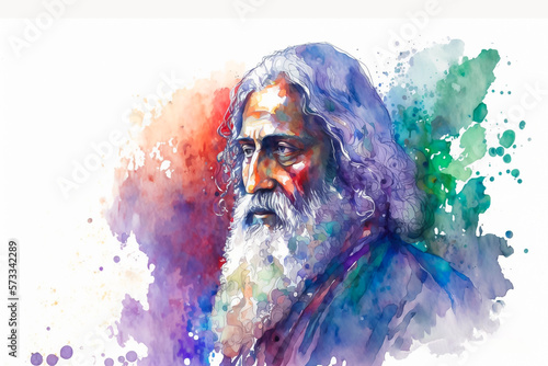 Rabindranath Tagore watercolor illustration. Generative AI photo