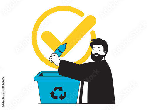 Save Earth concept with character situation. Man collects and separates garbage and throws plastic bottle into container for recycling. Vector illustration with people scene in flat design for web