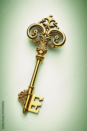 generative ai illustration, a golden ornamented ancient key on white background © Claudia Nass