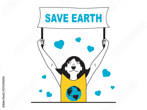 Save Earth concept with character situation. Woman eco activist holding banner with call to save planet at environmental demonstration. Vector illustration with people scene in flat design for web
