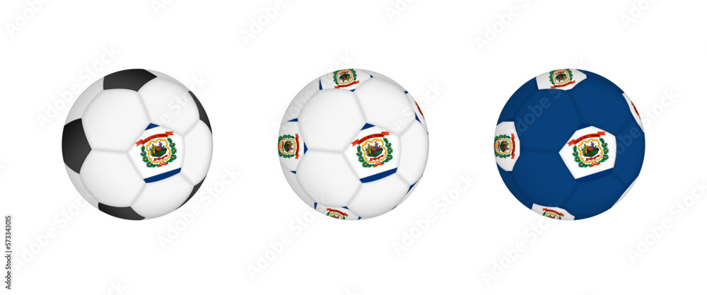 Collection football ball with the West Virginia flag. Soccer equipment mockup with flag in three distinct configurations. Collection football ball with the West Virginia flag. Soccer equipment mockup with flag in three distinct configurations.