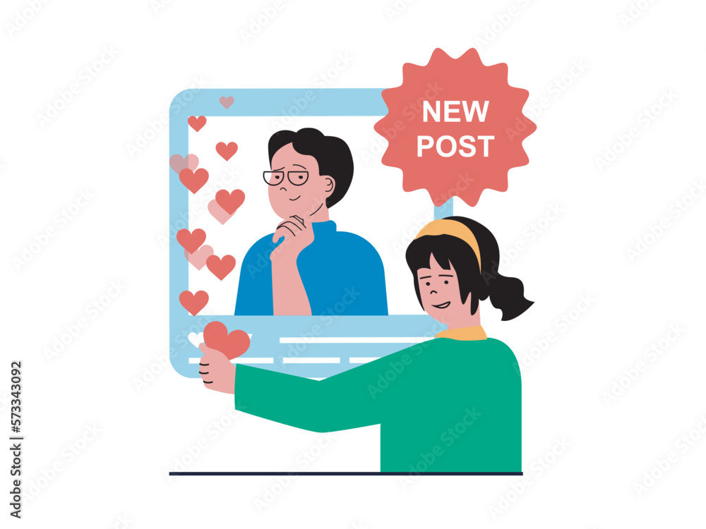 Social network concept with character situation. Woman puts like and heart on new post with photo of blogger or friend, comments in blog. Vector illustration with people scene in flat design for web Social network concept with character situation. Woman puts like and heart on new post with photo of blogger or friend, comments in blog. Vector illustration with people scene in flat design for web