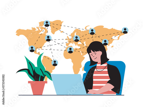 Social network concept with character situation. Woman communicates online with people connected by Internet and remote around world. Vector illustration with people scene in flat design for web