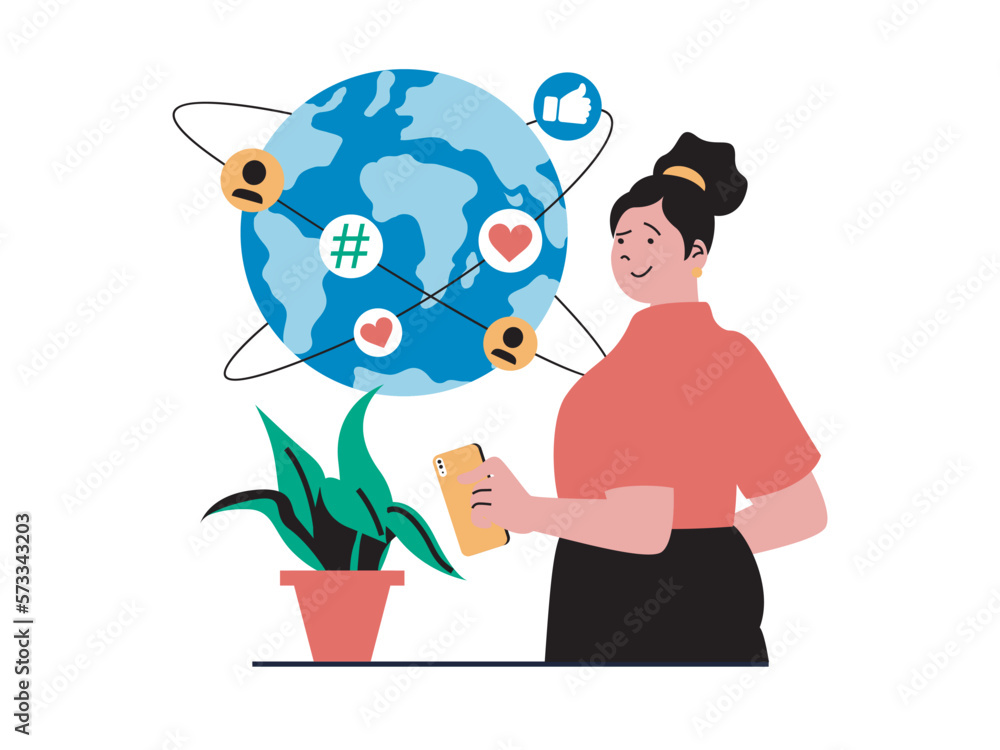 Social network concept with character situation. Woman actively uses online profile in mobile app, communicates, collects likes and hearts. Vector illustration with people scene in flat design for web Social network concept with character situation. Woman actively uses online profile in mobile app, communicates, collects likes and hearts. Vector illustration with people scene in flat design for web