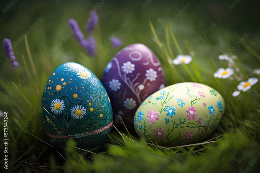 Decorated Easter eggs in an Easter background - generative ai Decorated Easter eggs in an Easter background - generative ai
