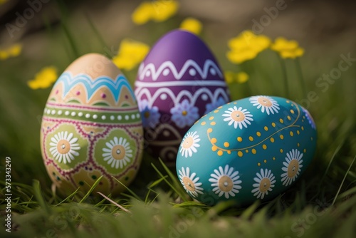 Decorated Easter eggs in an Easter background - generative ai