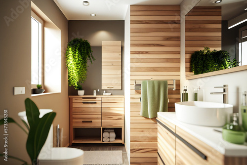 modern bathroom with wooden decoration, sustainable living, interior design made with Generative AI