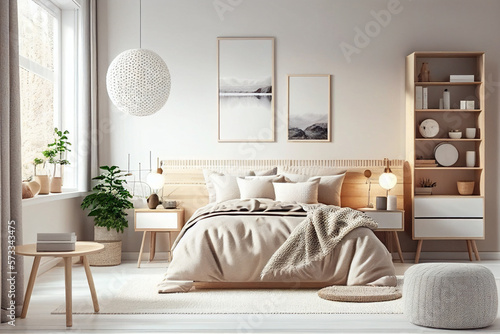 modern bedroom with wooden decoration in scandinavian style  sustainable living  interior design made with Generative AI