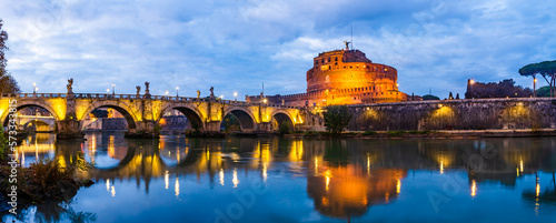 Rome, Italy: Night landscape of the Mausoleum of Hadrian, usually known as Castle Sant' Angelo (Castle of the Holy Angel, Saint Angel), a towering cylindrical building in Hadrian Park (Adriano).
