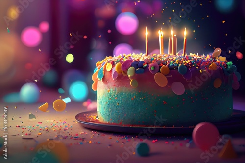 Happy Birthday Cake with Delicious Icing Frosting Colorful with Lit Candles and Confetti in Background Image