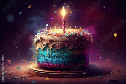 Happy Birthday Cake with Delicious Icing Frosting Colorful with Lit Candles and Confetti in Background Image