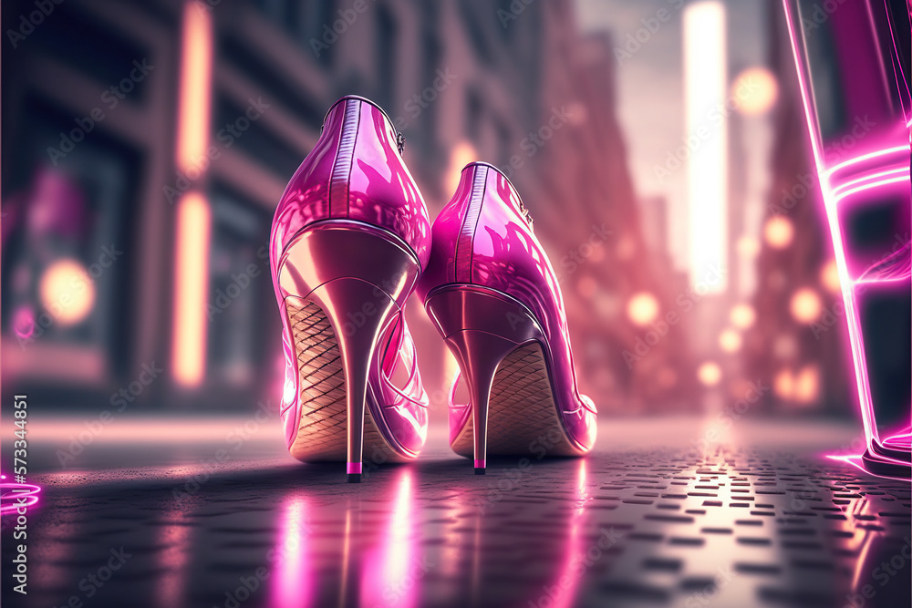 shiny pink heels in the street - obrazy, fototapety, plakaty 
