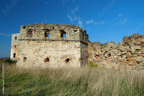 Stone tower in Pniv Castle - medieval historical object in western Ukraine