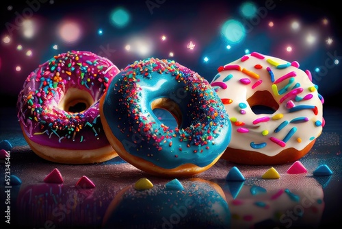 Donut Donuts Doughnut Doughnuts Glazed Frosted Sprinkles Jelly Filled Colorful Delicious Party Lights Dessert Celebration Background Image © DigitalFury