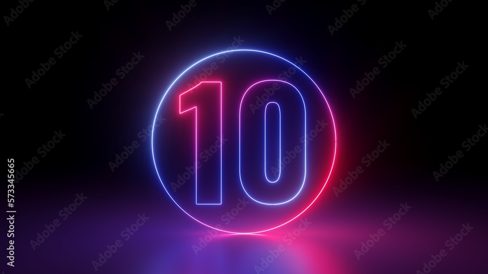 3d render, red blue neon number ten inside the linear round frame glowing in the dark, isolated on black background 3d render, red blue neon number ten inside the linear round frame glowing in the dark, isolated on black background