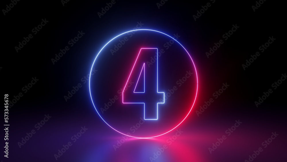 3d render, red blue neon number four inside the round linear frame glowing in the dark, isolated on black background 3d render, red blue neon number four inside the round linear frame glowing in the dark, isolated on black background