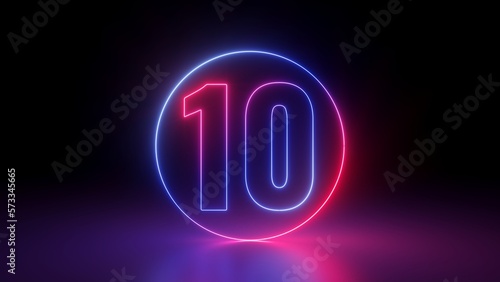 3d render, red blue neon number ten inside the linear round frame glowing in the dark, isolated on black background