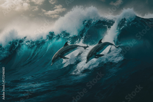 Dolphins in ocean. Illustration AI Generative
