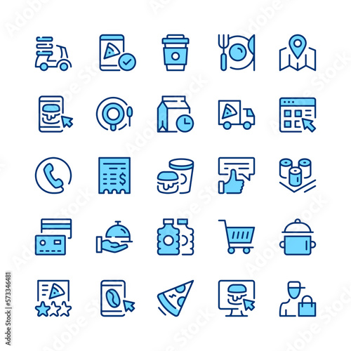 Fast food delivery line icons. Set of fast food delivery icons. Blue color. Vector line icons set