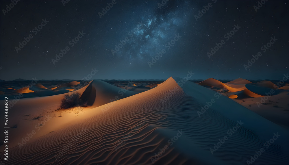 Undulating Sand Dunes form a Scenic Desert Landscape. Night Background with Blue Gradient Starry Sky. - obrazy, fototapety, plakaty 