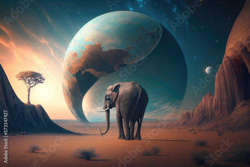 Abstract dream background with elephant. Illustration AI Generative