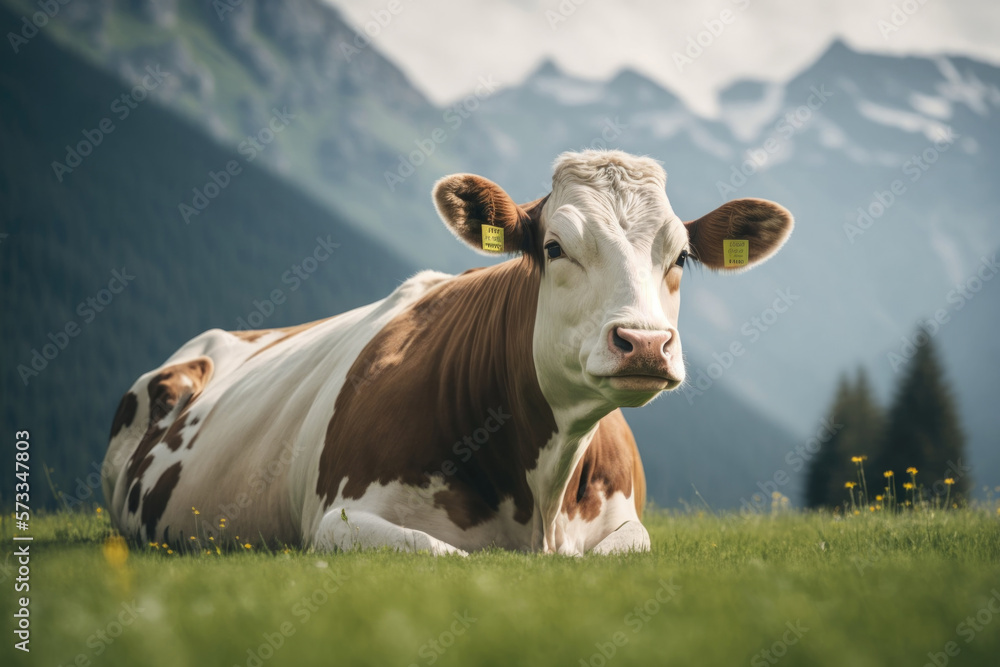 Cow on Sunny Meadow. Illustration AI Generative Cow on Sunny Meadow. Illustration AI Generative