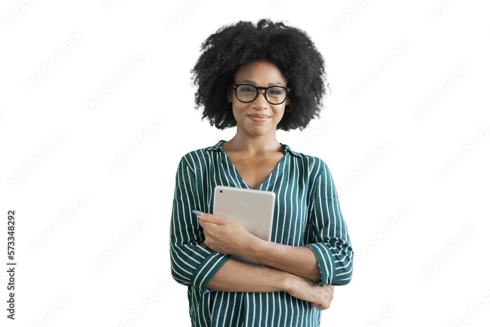 A young woman curly-haired student using a tablet in her hands isolated transparent background, png. A young woman curly-haired student using a tablet in her hands isolated transparent background, png.
