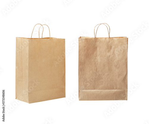Paper bag. Kraft paper shopping bag. Brown folded paper bag with handle. Isolated on white background