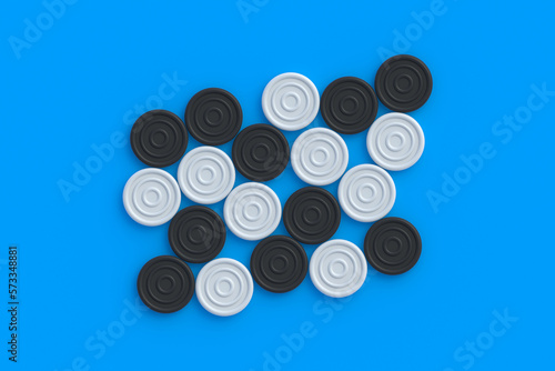 Lot of checkers pieces on blue background. Board game. Hobby and leisure. Kids toys. Top view. 3d render