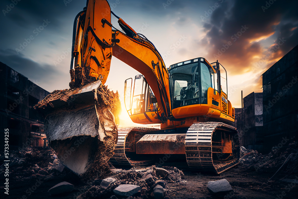 Building demolition work. Excavator on construction site. Futuristic excavator on house Demolition. Digger with bucket. Excavator on building construction. AI Generative Illustration Building demolition work. Excavator on construction site. Futuristic excavator on house Demolition. Digger with bucket. Excavator on building construction. AI Generative Illustration