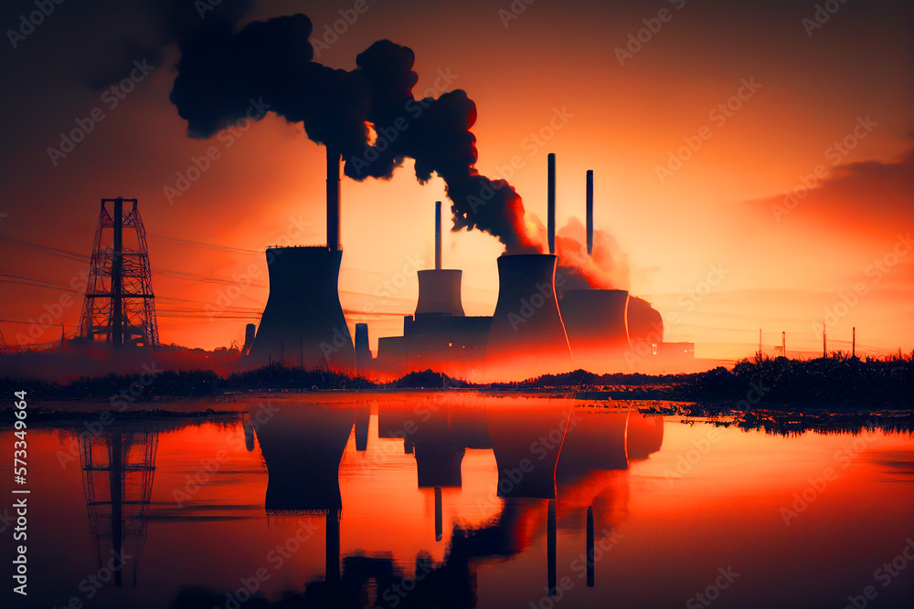 Nuclear power plant at sunset Generate electricity. Dusk, Nuclear