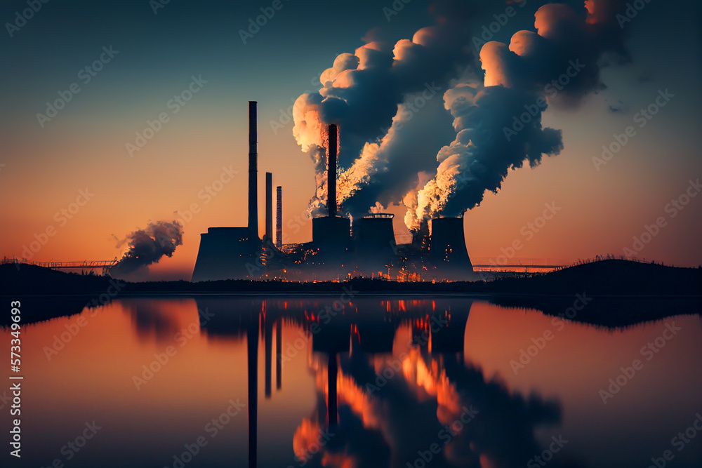 Nuclear power plant at sunset Generate electricity. Dusk, Nuclear chimneys smoke. Pollute air. Smoke pipes of industrial plant in environment. Thermal power station with nuclear reactor. AI Generative
