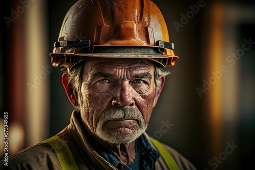 Close up portrait of senior construction engineer wearing safety helmet and uniform, working on new project in sunset golden hour. © Nataly