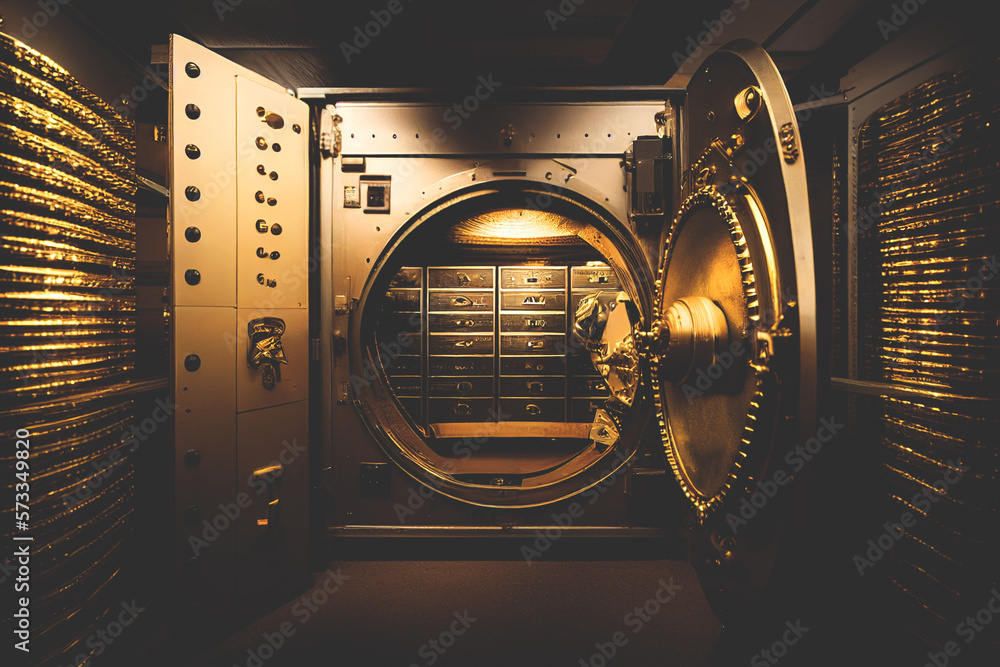 Bank vault with open door. Store Gold bar, inside in Gold vault money. Dollar and euro vault. Inside in bank vault money. Federal Reserve Bank storage  with golden walls and gold stacks. Ai Generative - obrazy, fototapety, plakaty 