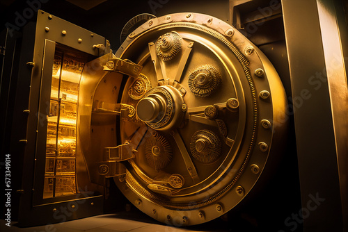 Bank vault with open door. Store Gold bar, inside in Gold vault money. Dollar and euro vault. Inside in bank vault money. Federal Reserve Bank storage with golden walls and gold stacks. Ai Generative