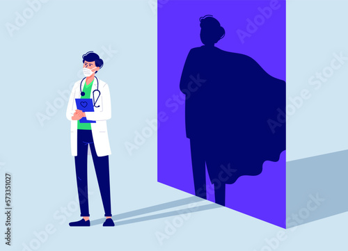 Young DOCTOR in white medical face mask fight against viruses. Hero hospital worker in a cap for web design. Thank you frontline heroes for fighting the coronavirus. Vector illustration of doctors.