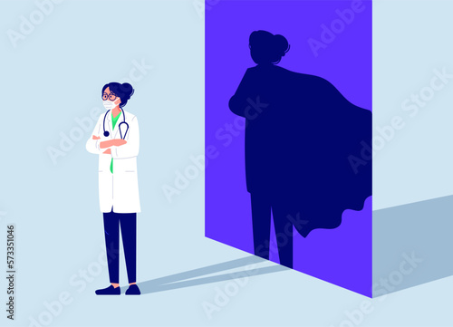 Female DOCTOR in white medical face mask fight against viruses. Hero hospital worker in a cap for web design. Thank you frontline heroes for fighting the coronavirus. Vector illustration of doctors.