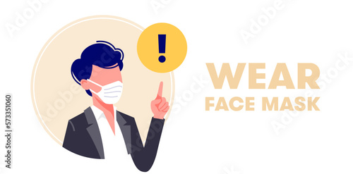 Wearing face mask vector illustration in flat design. Man in protective medical masks. Protection from virus (coronavirus), bacterium, urban air pollution, smog, pollutant gas emission.