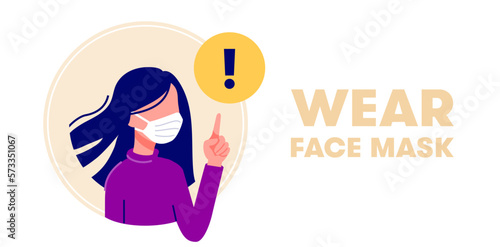 Wearing face mask vector illustration in flat design. Woman in protective medical masks. Protection from virus (coronavirus), bacterium, urban air pollution, smog, pollutant gas emission.