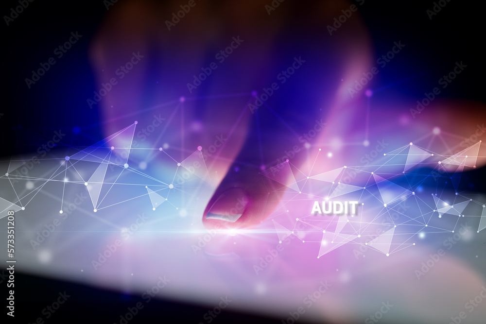 Finger touching tablet with business connection concept Finger touching tablet with business connection concept