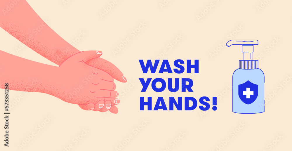 WASH YOUR HANDS in bathroom vector illustration template! Washing hands rubbing with soap for coronavirus prevention to stop spreading diseases. Hygiene is important. WASH YOUR HANDS in bathroom vector illustration template! Washing hands rubbing with soap for coronavirus prevention to stop spreading diseases. Hygiene is important.