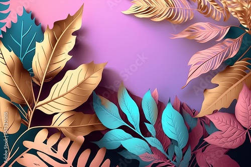 Luxury golden tropical leaves background with detailed realistic florals on trendy vivid colors background. Foil glossy jungle leaves on purple blue backdrop for summer party