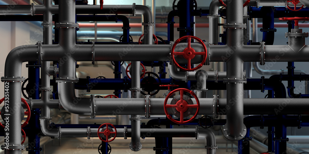 Fototapeta premium Pipes in basement. Fragment of pipeline system. Factory basement with many steel pipes. Pipeline to supply plant. Background from basement pipes. Red pressure valves on pipeline. 3d rendering.