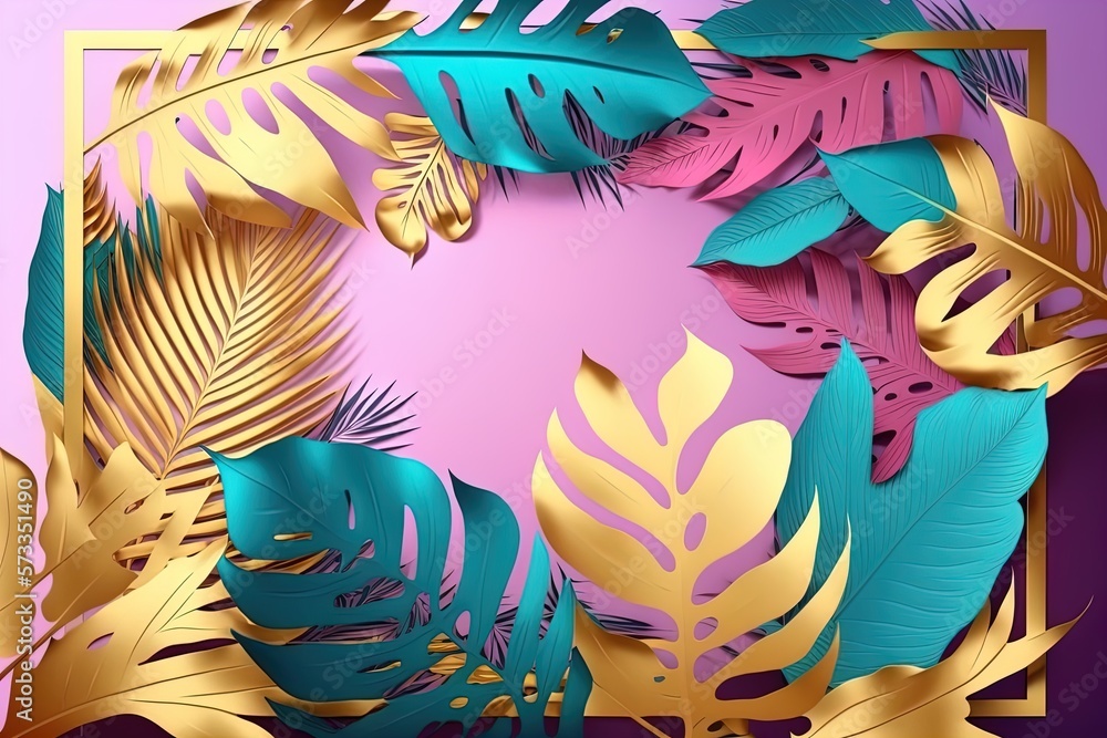 Luxury golden tropical leaves frame background with detailed realistic florals on trendy vivid colors background. Foil glossy jungle leaves on purple blue backdrop for summer party