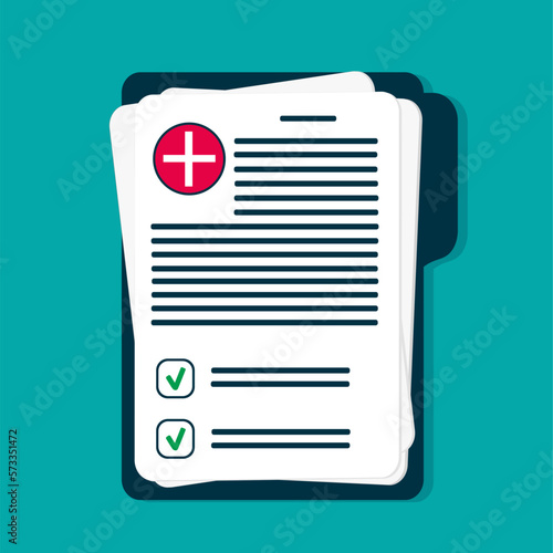 Insurance.
Medical certificate with list and checkboxes.
Flat tablet, folder with medical form, diagnosis, discharge, doctor's report. Case history.
vector illustration.