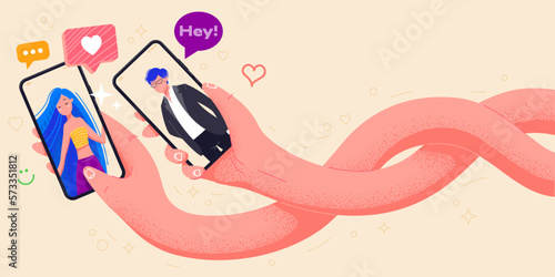 Couple in love holding phones in hand vector illustration. Dating application with man and woman on screen. Video call app minimal design. Make selfie with smartphone. Online dating chat. Office life