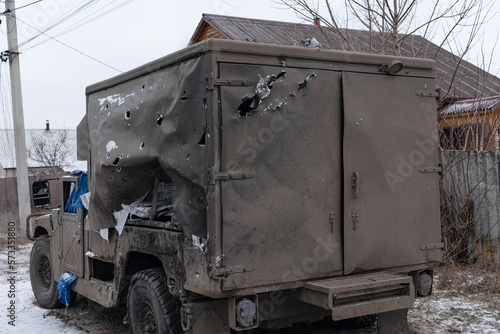 The front of a military medical evacuation vehicle in a war zone