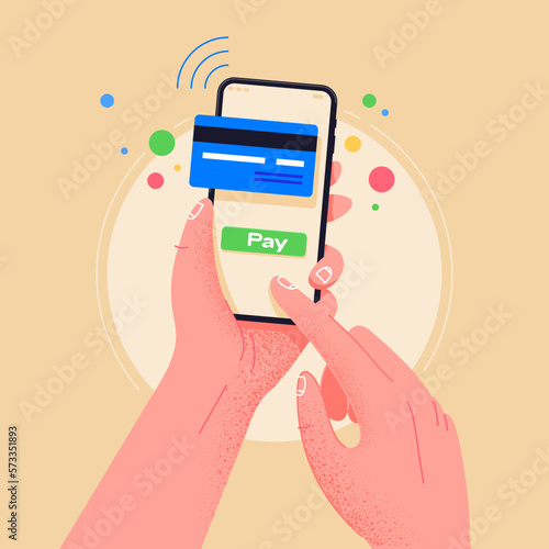Pay by credit card via electronic wallet wirelessly on phone. New mobile banking app and e-payment vector illustration. Hand with smartphone  online banking. Shopping by phone and connected card.