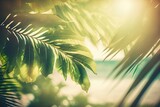 Blurred nature green palm leaf on tropical beach with bokeh and sun light background. Concept of summer vacation and business travel. Vintage tone filter effect color style, copy space. AI generative